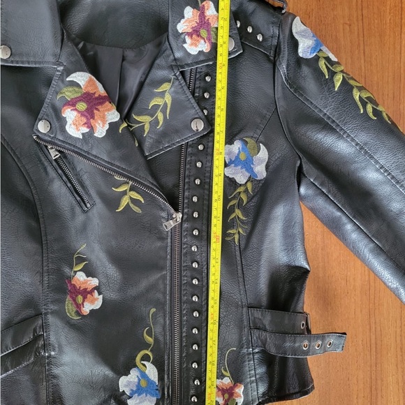 Floral Embroidered Vegan Leather Motorcycle Jacket - Picture 12 of 13